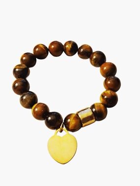 Tiger Eye Stretch Bead Bracelet with Gold Filled Heart Charm